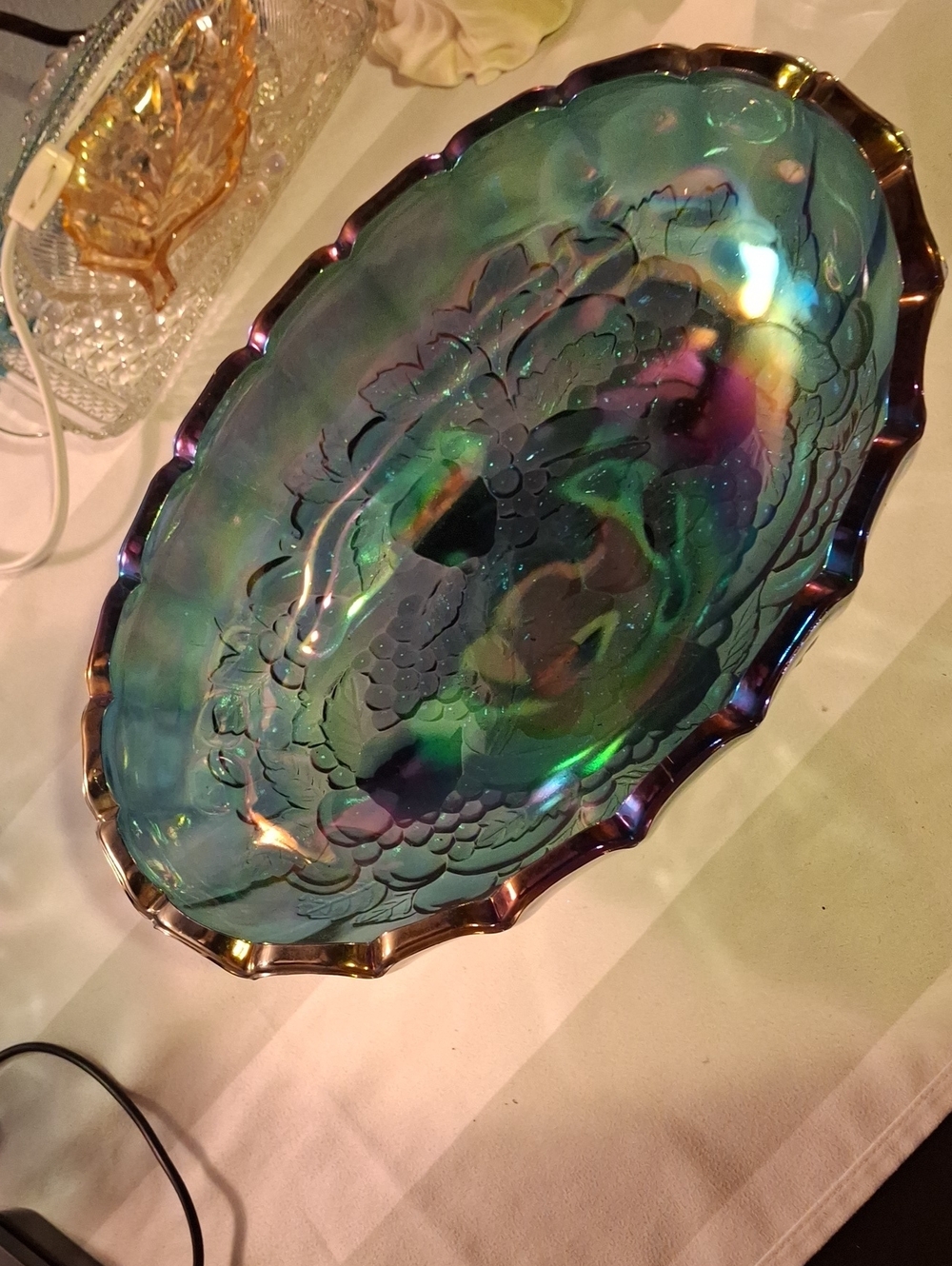 Iridescent Blue-Green Carnival Glass Decorative Bowl